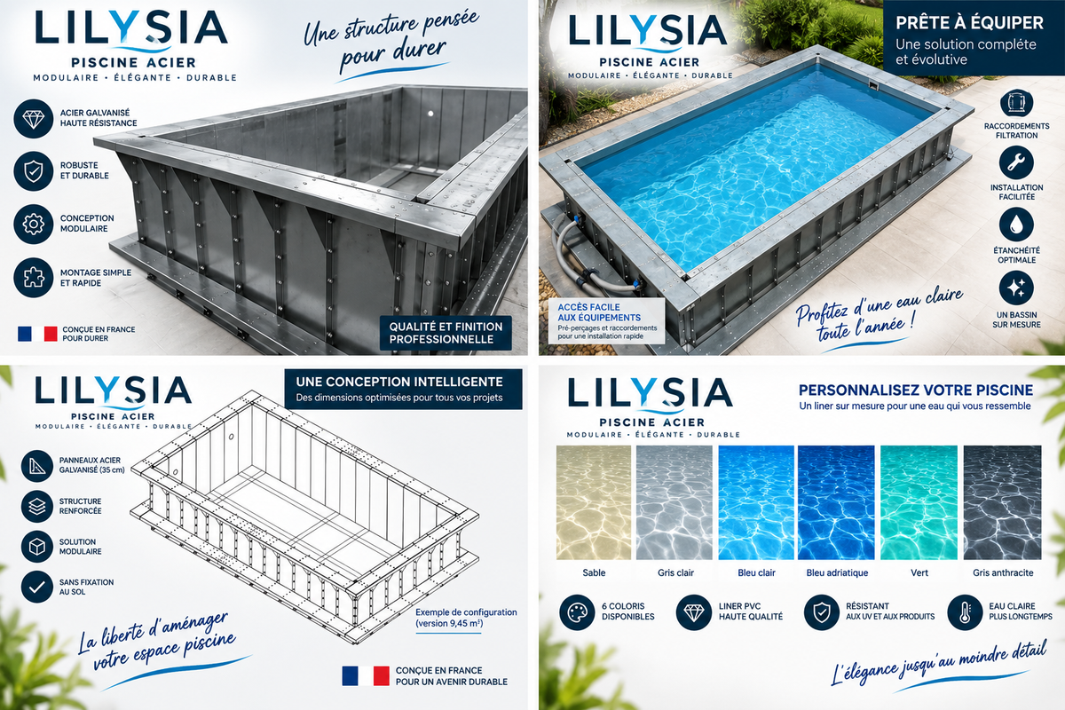 Piscine acier LILYSIA – Hors-sol ou enterrée – Kit complet avec filtration et LED
