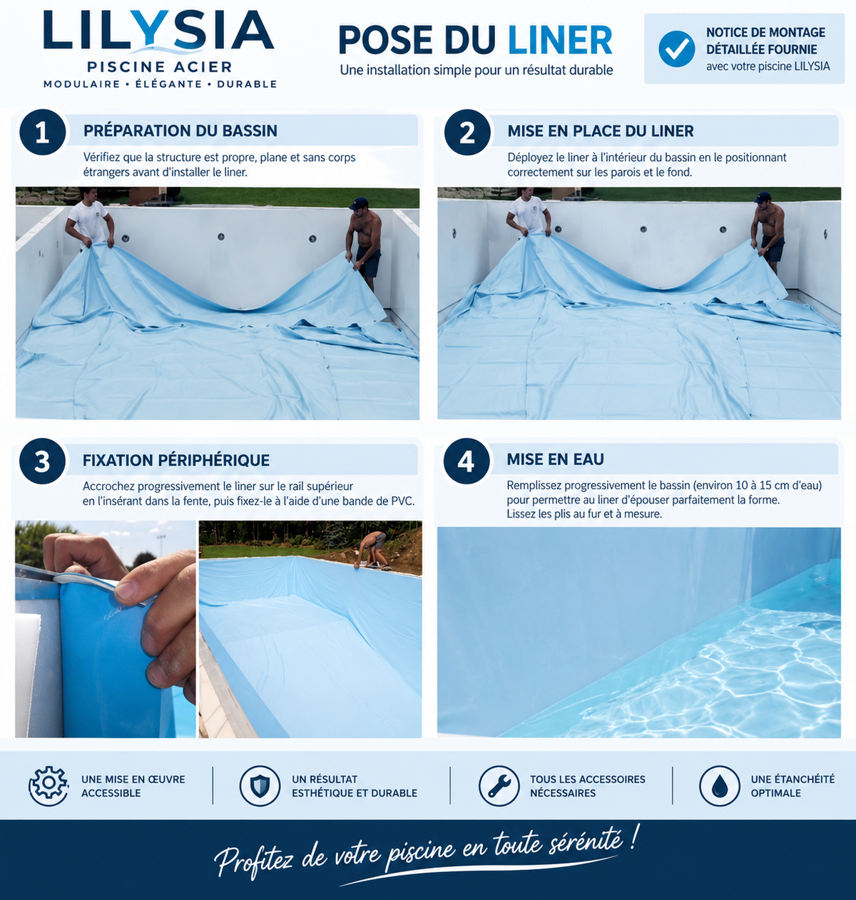 Piscine acier LILYSIA – Hors-sol ou enterrée – Kit complet avec filtration et LED