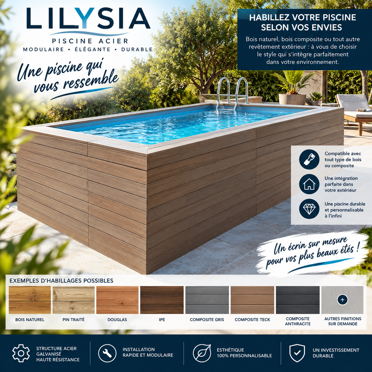 Piscine acier LILYSIA – Hors-sol ou enterrée – Kit complet avec filtration et LED
