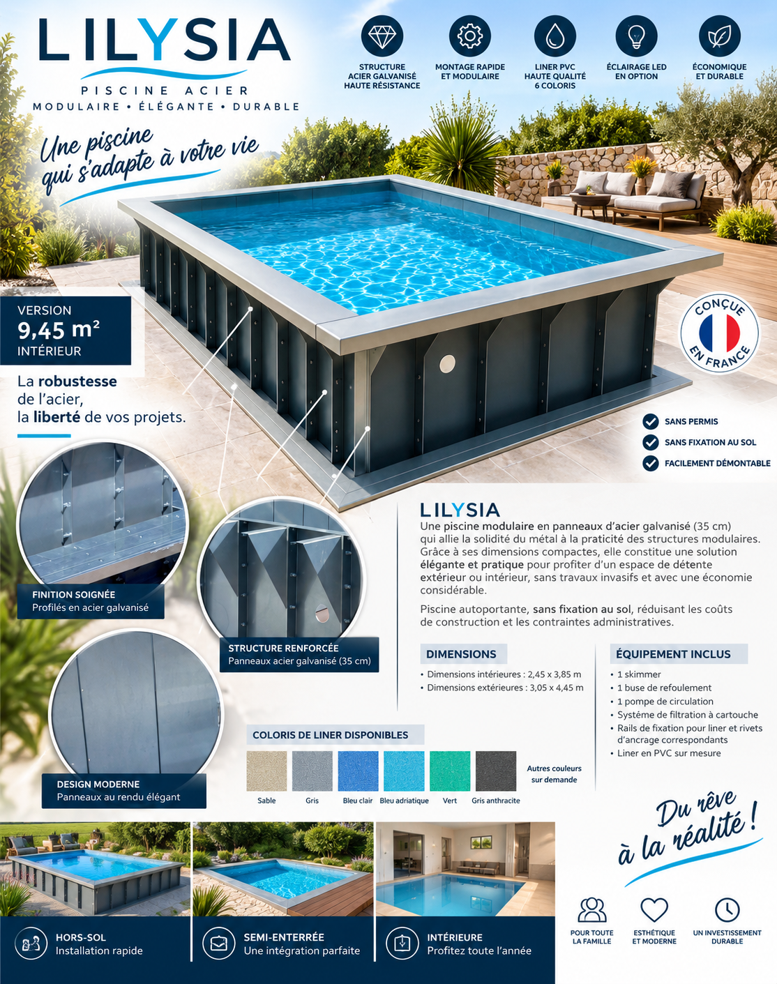 Piscine acier LILYSIA – Hors-sol ou enterrée – Kit complet avec filtration et LED